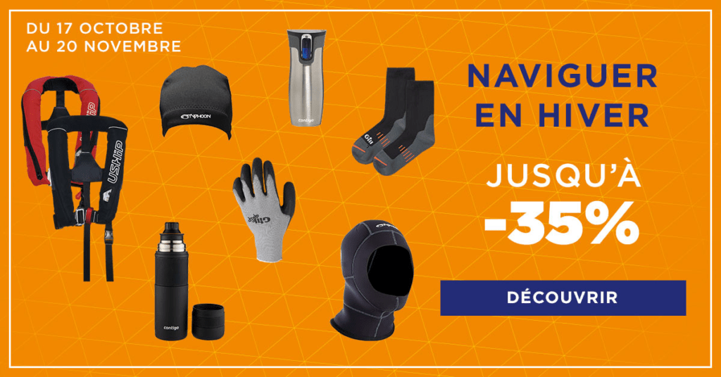 naviguer en hiver uship accastillage pas cher promo remise cap d'agde gilet uship 100N 150N 165N Gill gants chaussettes étanches bonnets neorprene bouteille mug vente bateaux neufs voiliers